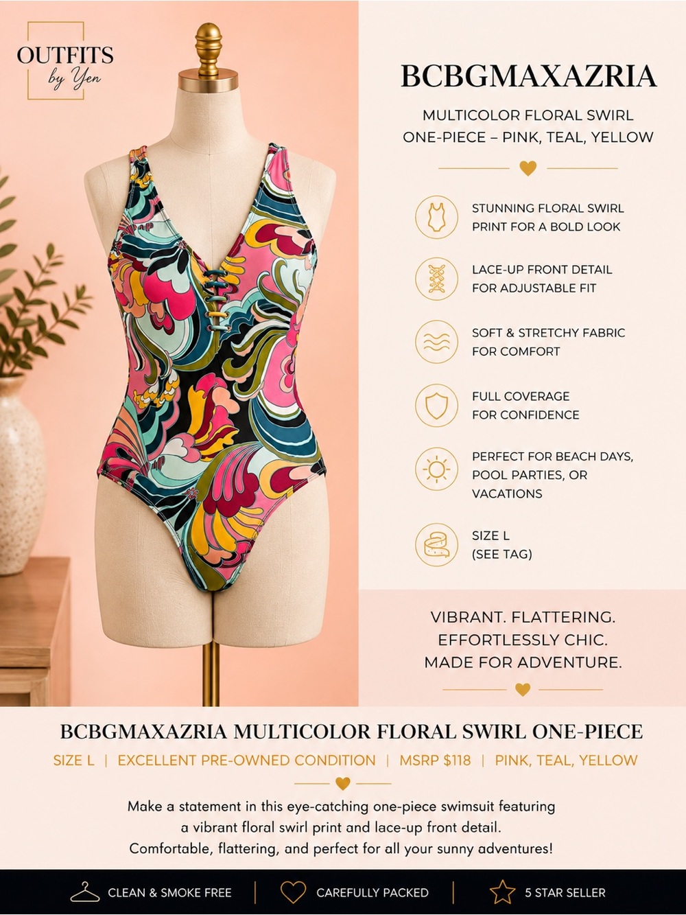 BCBGMaxAzria Multicolor Floral Swirl One-Piece - Pink, Teal, Yellow